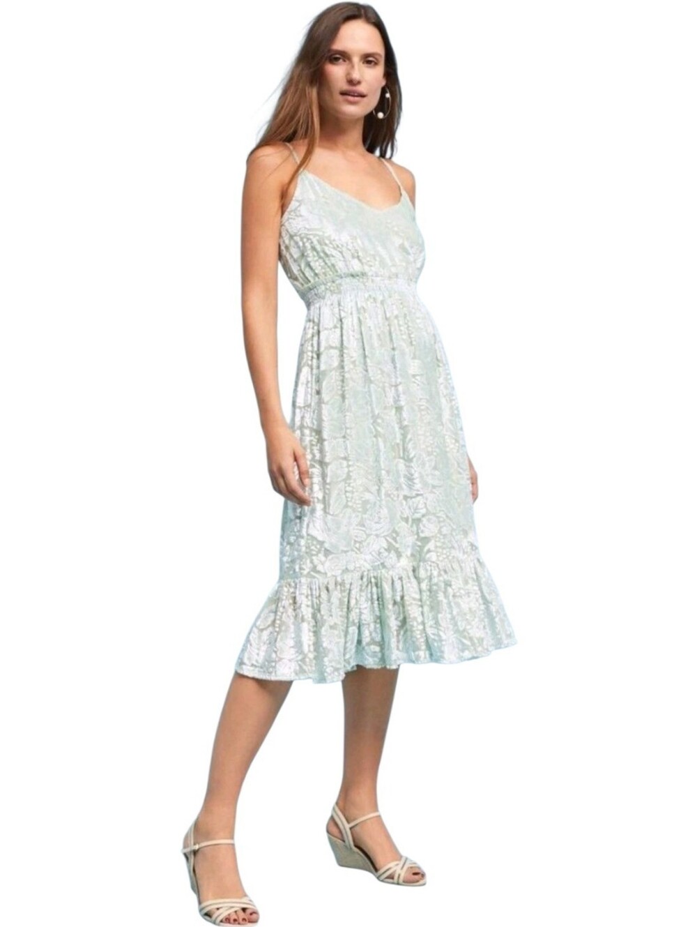ANTHROPOLOGIE seagrass ruffle velvet floral burnout mint green midi dress S